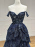 A-line Navy Blue Tulle Layers with Lace Applique Party Dress, Navy Blue Tulle Prom Dress
